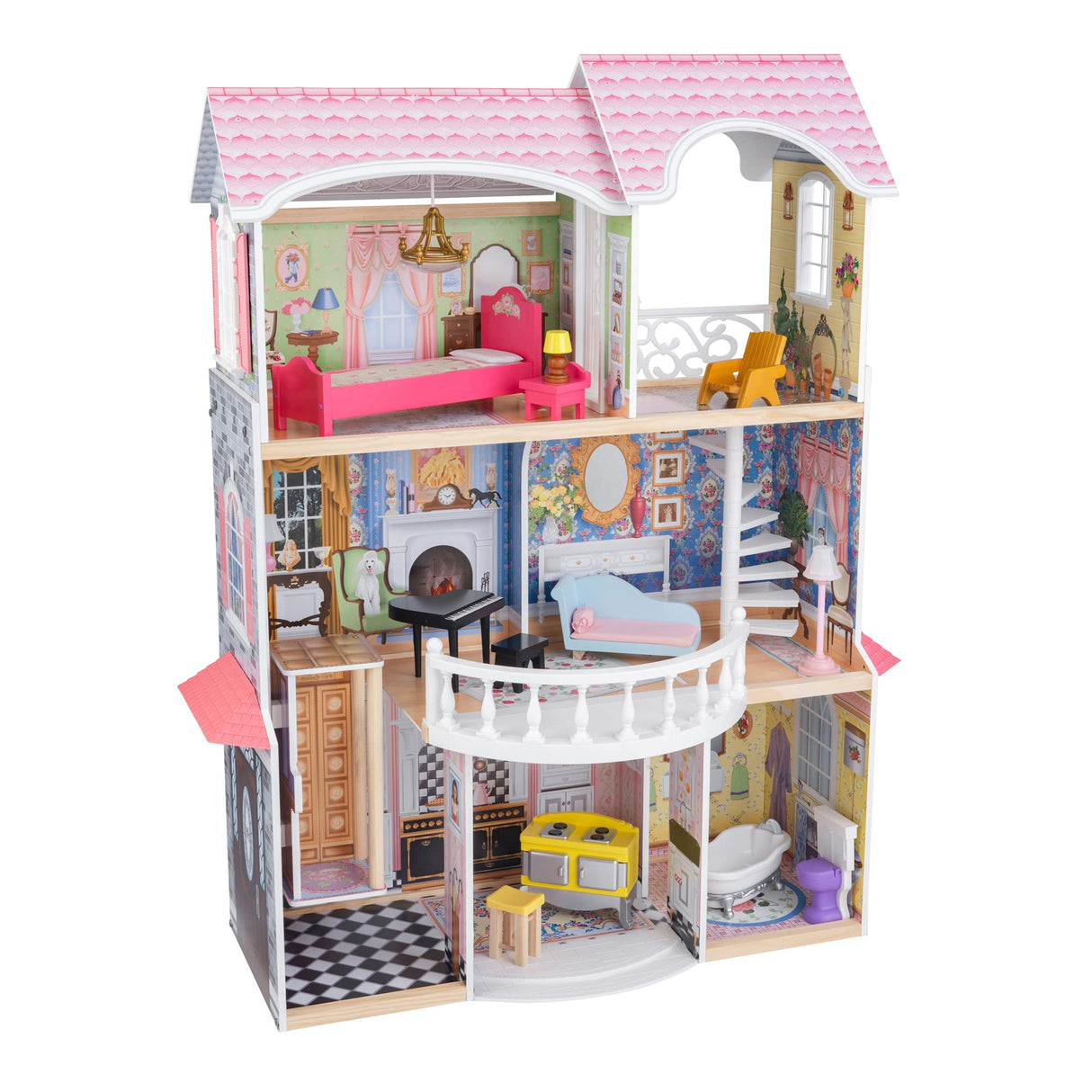 KidKraft Casa de muñecas de Madera Magnolia Mansion para muñecas con Muebles y Accesorios incluidos, Casita de Juguete con Ascensor y balcón, 3 Niveles de Juego, Juguetes niños y niñas 3 años (65907)