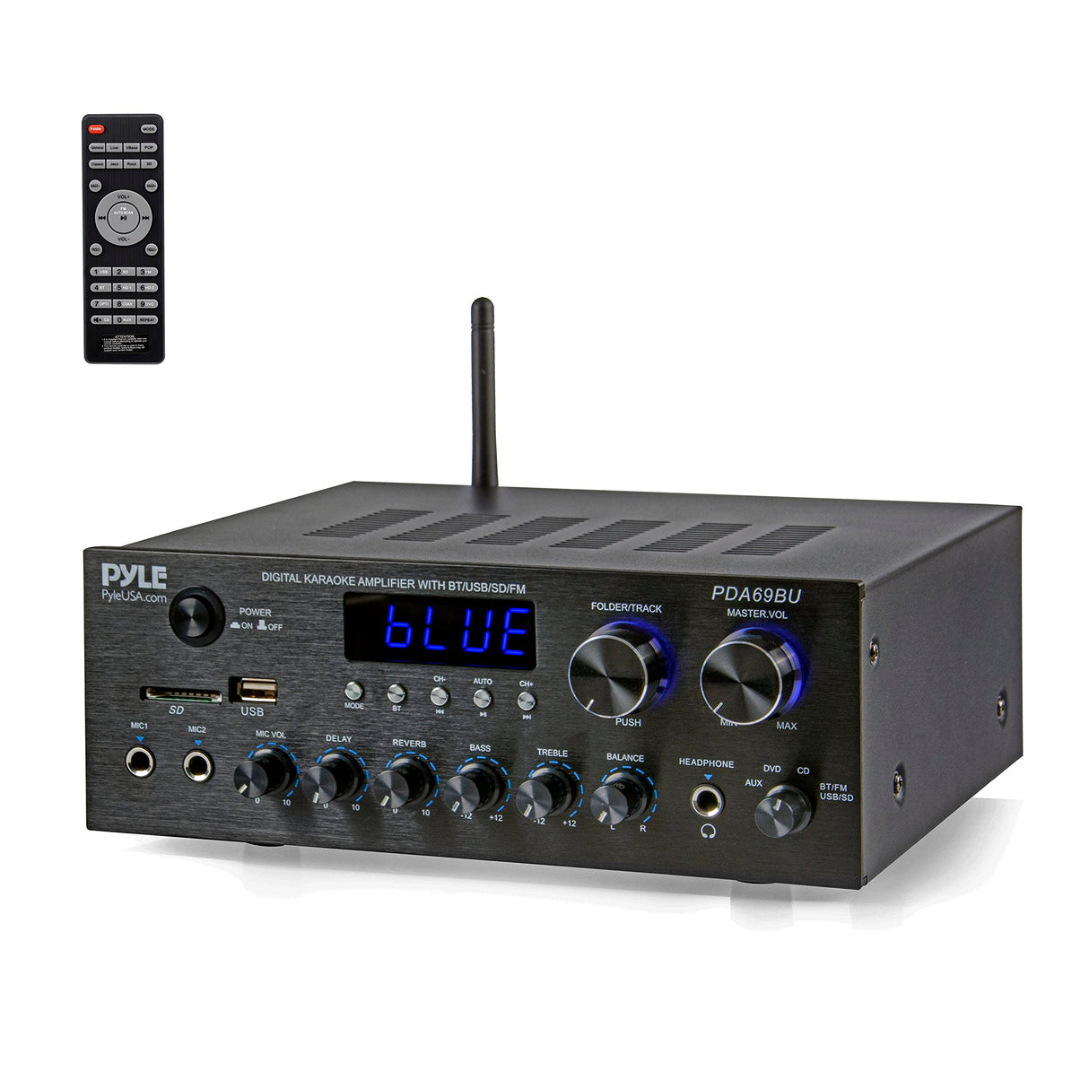 Pyle Amplificador de Audio, para el hogar, Estudio, 300W, Bluetooth, Estereo, 2 Canales, Sistema de Audio MP3, USB, SD, AUX, RCA, Microfono, Audiofonos, FM, LED