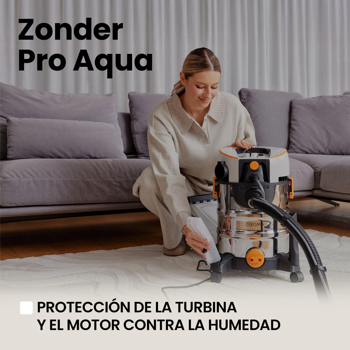 Zeegma ZONDER Pro Aqua Aspirador en seco y húmedo 1400 W, para Alfombras Coche Tapicería Escaleras, Depósito de Agua Limpia de 4 L, Juego de Filtros y Boquillas de Lavado