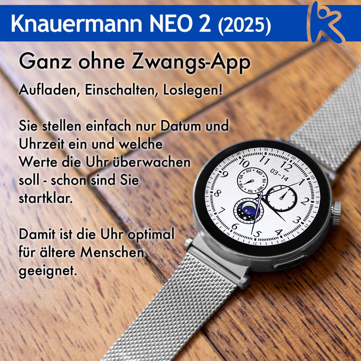 Knauermann Neo 2 (2025) - Plata Redonda - Reloj de Salud Smartwatch - ECG - Función HRV - Bluetooth BT - Apnea del Sueño - Presión Arterial - Pulsera de eslabones (Acero Inoxidable) - Herramienta,