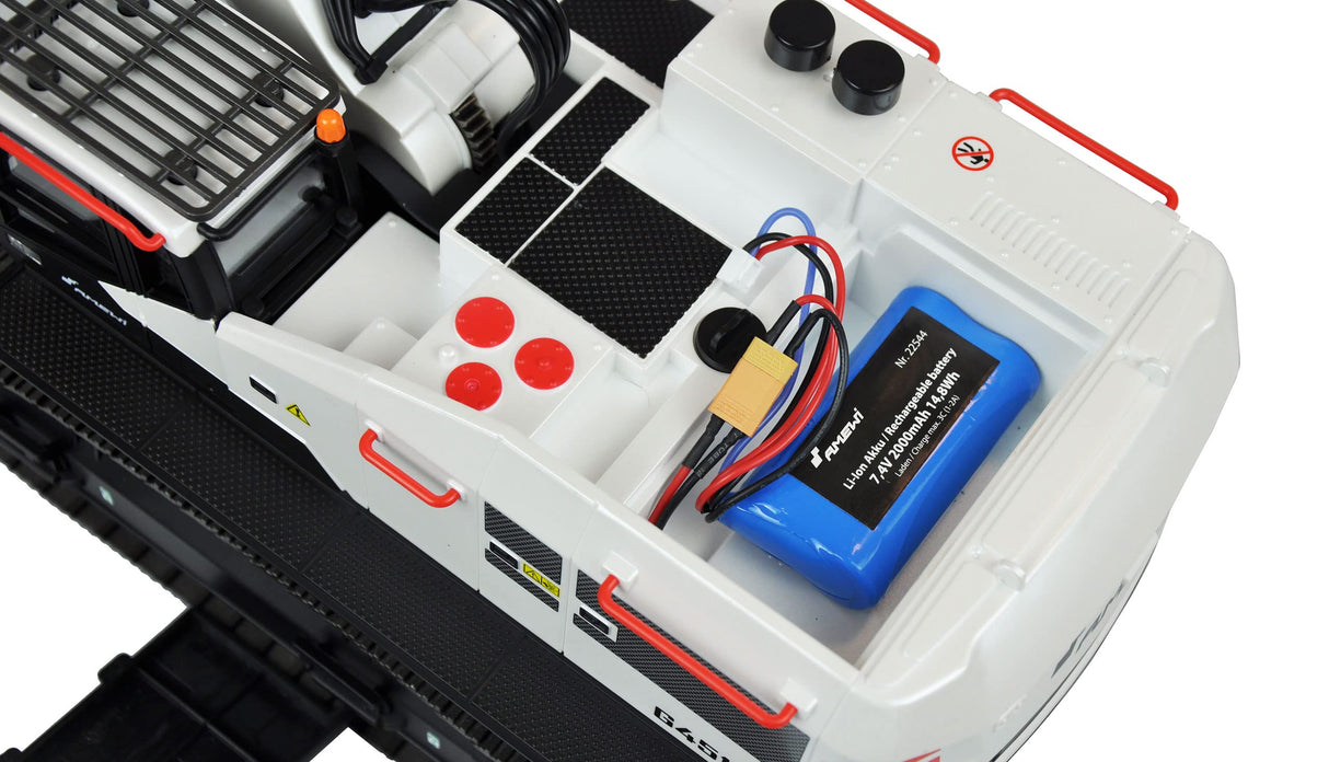 Amewi Excavadora G451E de Metal Parcial 1:14, RTR, Sonido, luz, Blanco RC Control Remoto