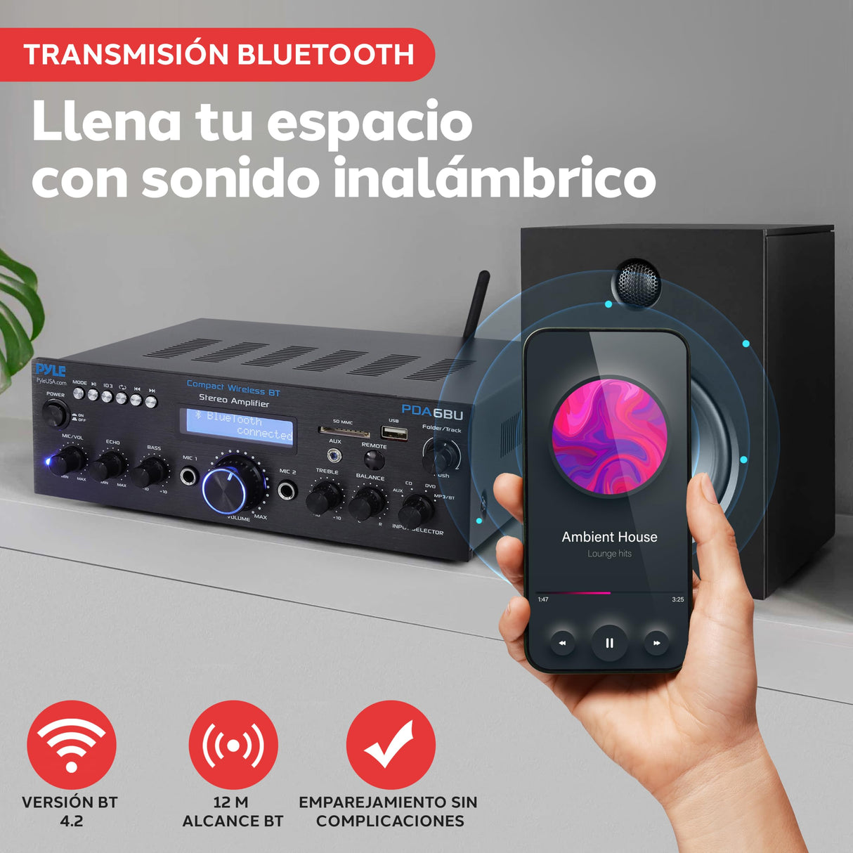 Pyle Sistema Amplificador de Potencia de Audio, Inalambrico, Estereo, Potencia Maxima de 200V, USB, SD, AUX, Entrada de microfono para Karaoke, Radio, Pantalla LCD, RCA