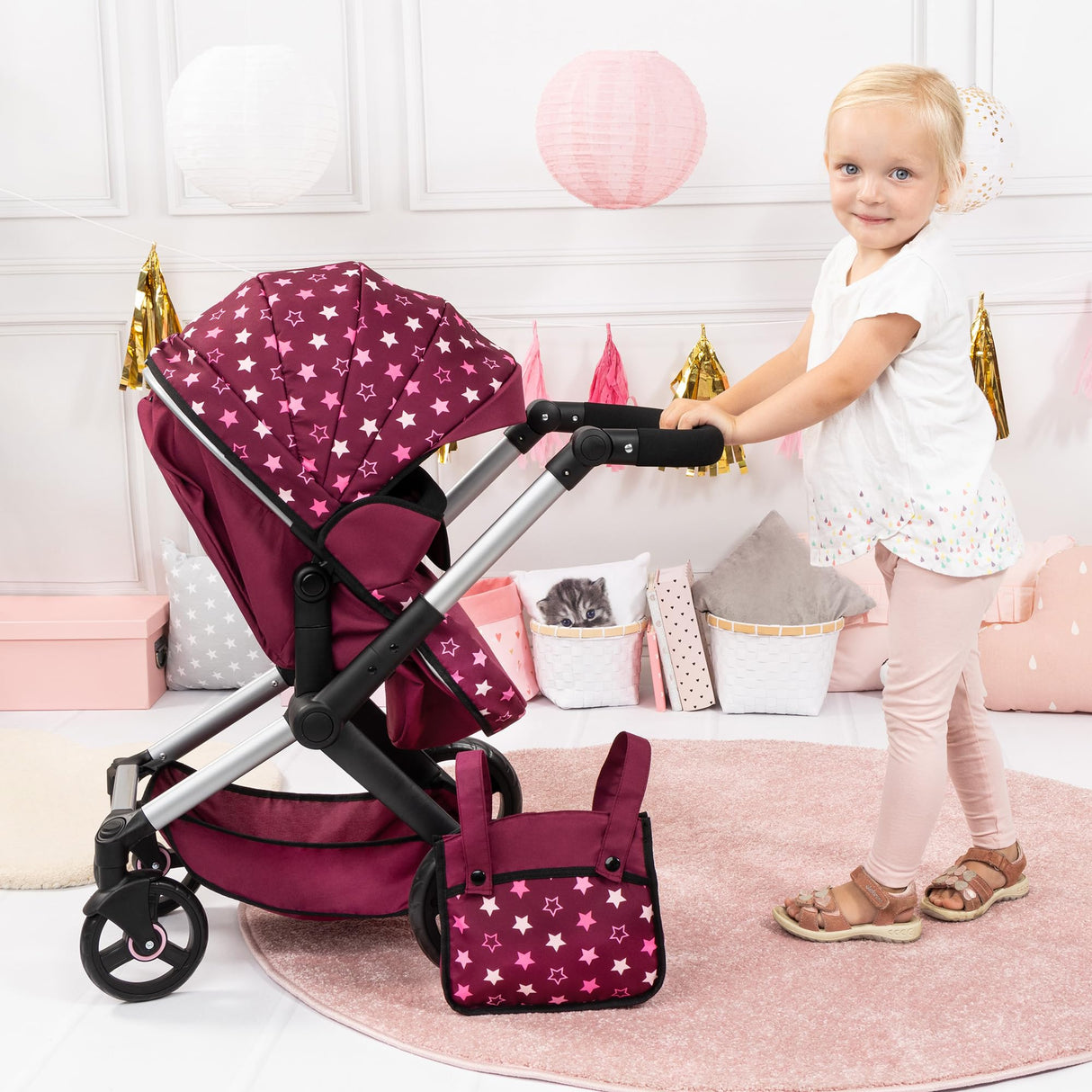 Bayer Design 17023AA Cochecito de muñeca Combi Xeo, Carrito para muñecas, Altura Regulable, Convertible en Sillita Paseo, Bolsa
