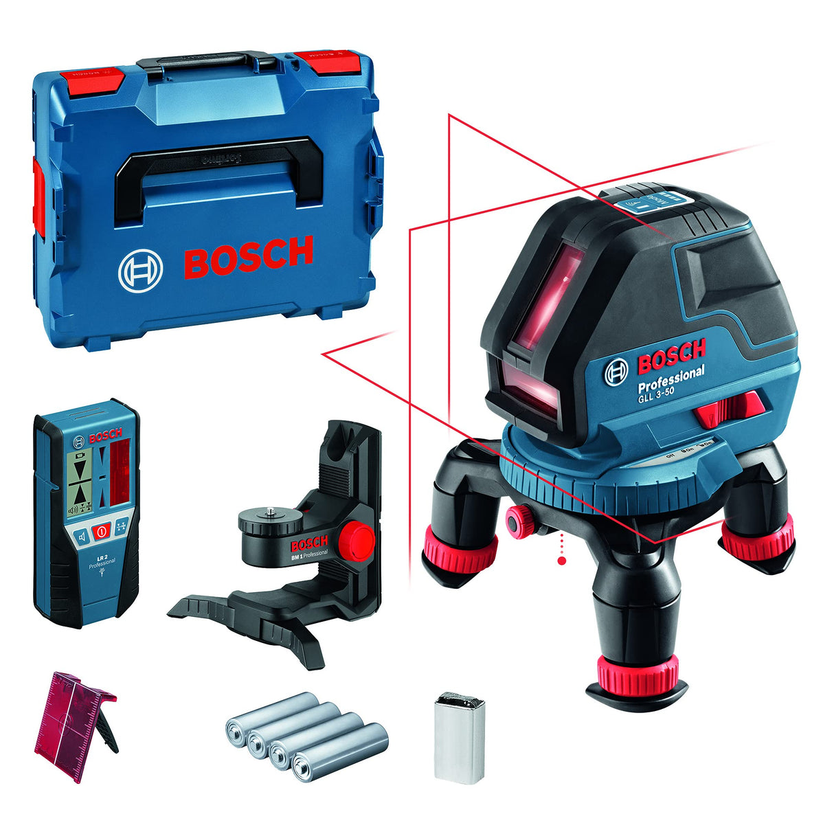 Bosch Professional Nivel láser GLL 3-50 (láser rojo, interior, alcance con receptor LR2: 50 m, 4 pilas AA, soporte giratorio, soporte BM1, L-BOXX)