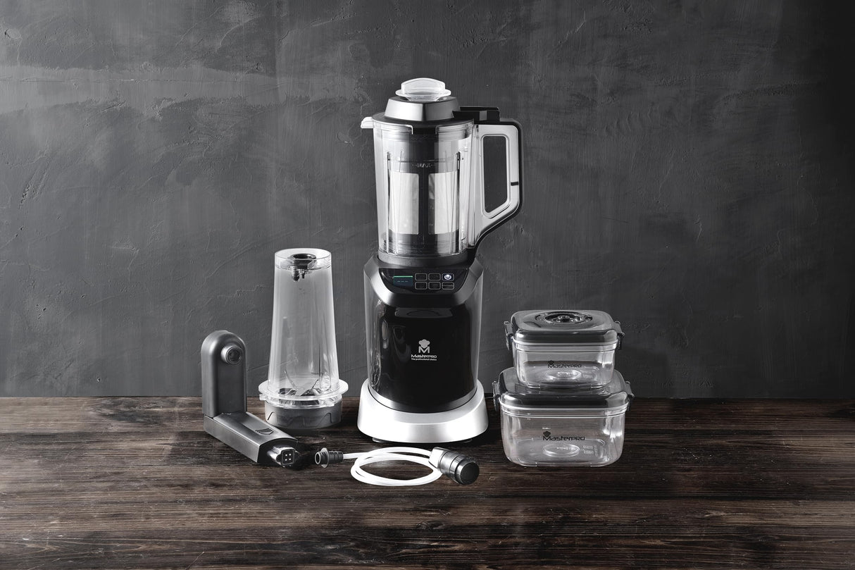 MasterPRO Trio Nutrimix - Kit Mezclador 3en1 - Juego de Batidora al Vacío - Panel Deluxe - Motor 127V hasta 20.000 RPM - Bomba De Vacío Desmontable - Jarra Calefactora Tritan 1,5L - Vaso Tritan 700ml