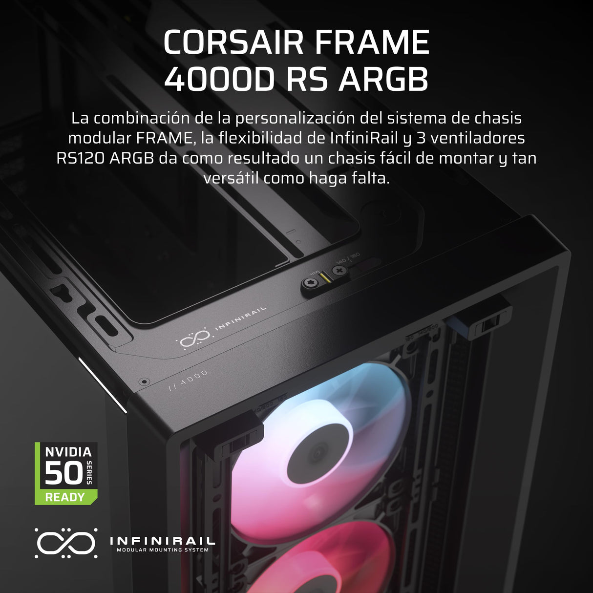 CORSAIR Frame 4000D RS ARGB Caja Modular ATX Mid–Tower para PC – Alto Flujo de Aire, 3 Ventiladores RS ARGB preinstalados, ASUS BTF, MSI Project Zero, Gigabyte Project Stealth – Negro