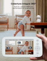 WOLFANG 1080P Camara Vigilancia Bebe con 5" 720P Pantalla, Vigilabebes con Camara con Rotación de 360° y Zoom, Sin WiFi, Visión Nocturna, Comunicación Bidirecciona, Temperatura, Detección de Llanto
