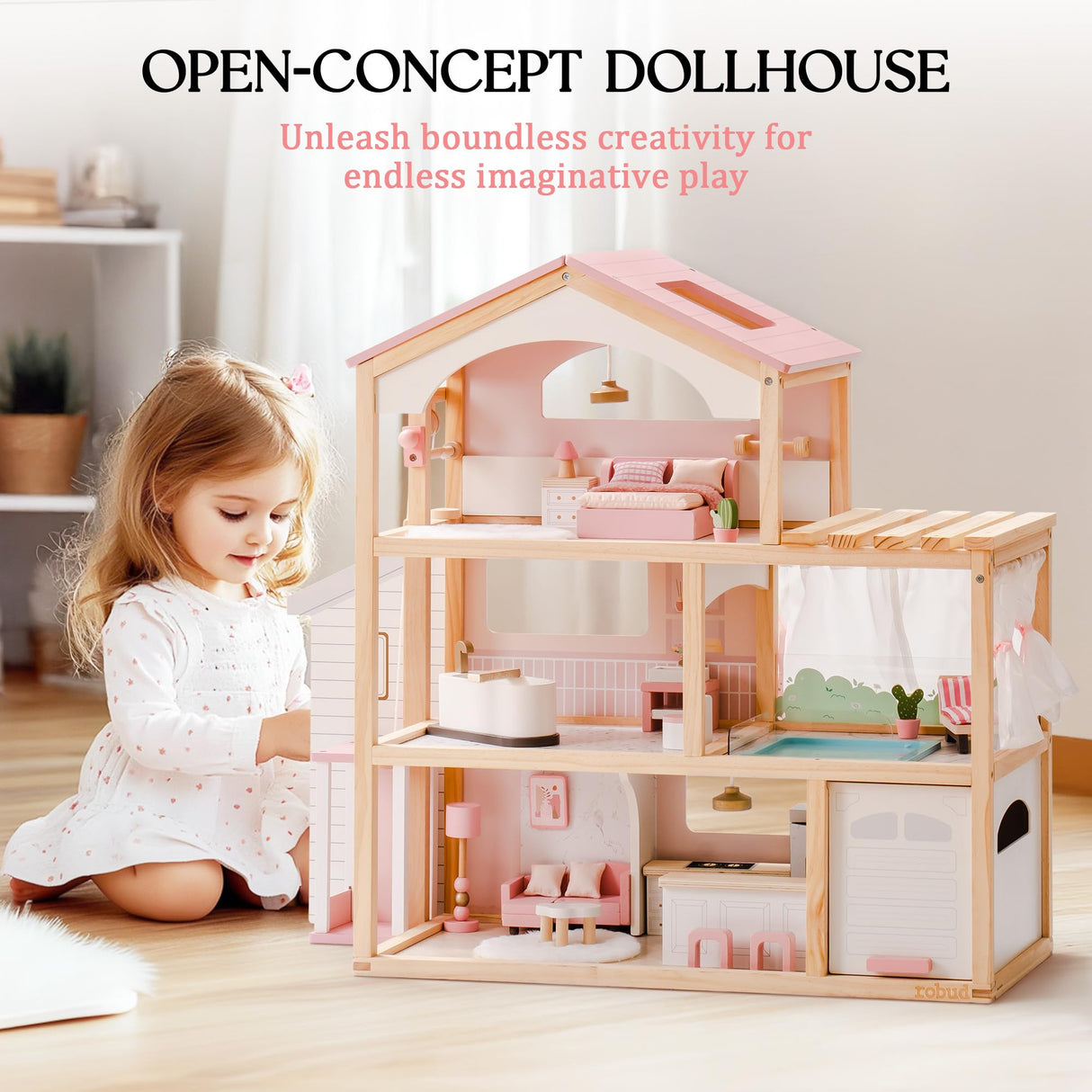 ROBUD Casa de muñecas de Madera,Villa de muñecas con Muebles,con Ascensor, Garaje, cenador y Piscina,Regalo para niños a Partir de 3, 4, 5, 6 años y Mayores,Rosa