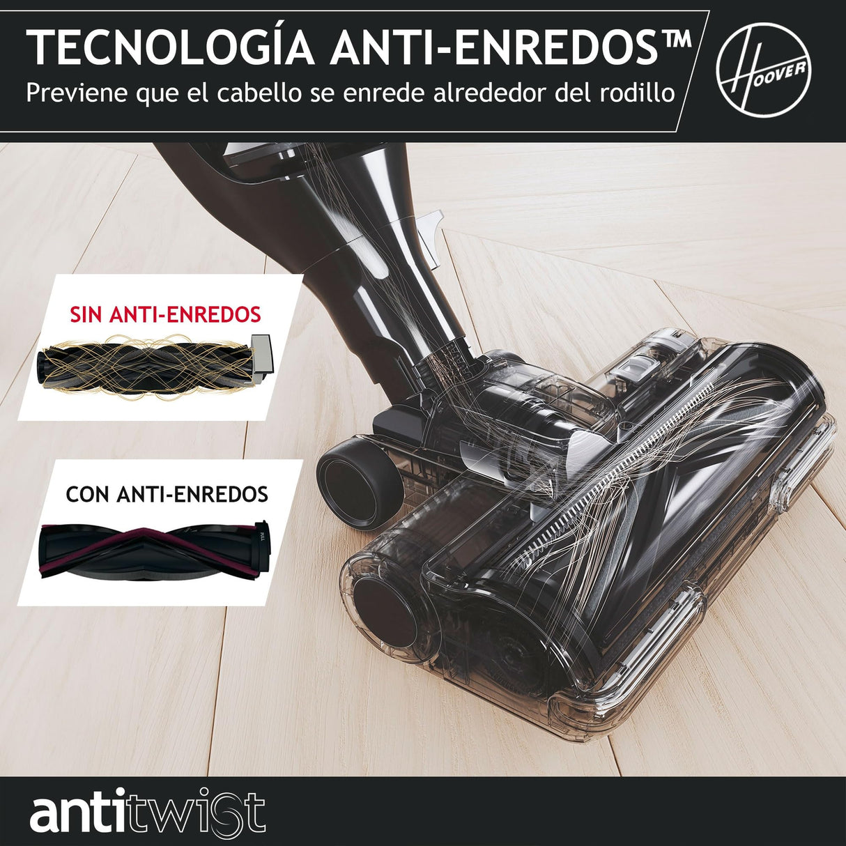 Hoover Aspiradora Escoba Sin Cable Potente con Corner Genie™ para Limpiar Todos los rincones, Cepillo Anti-Enredos, Luces LED, 2 Baterías [HFX]