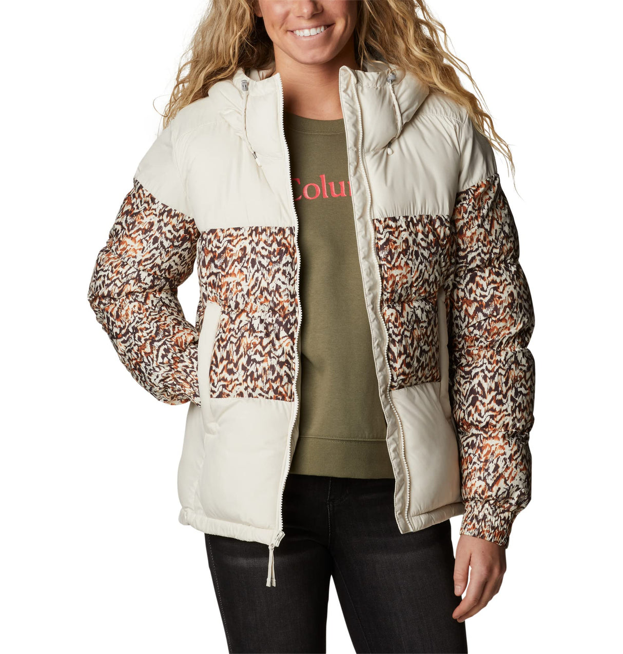 Columbia Pike Lake 2 Hooded Insulated Jacket, Chaqueta Acolchada Con Capucha para Mujer, Chalk/Warm Copper Terrain Print, Talla L