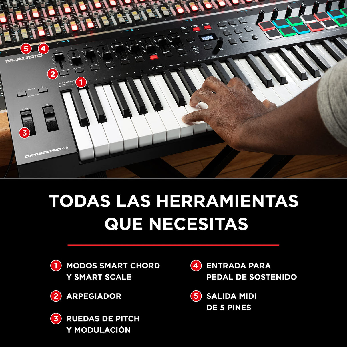 M-Audio Oxygen Pro 49 - teclado controlador MIDI USB con 49 teclas, beat pads, perillas asignables de MIDI, botones y faders, más pack de sonidos de Native Instruments (integración de NKS)