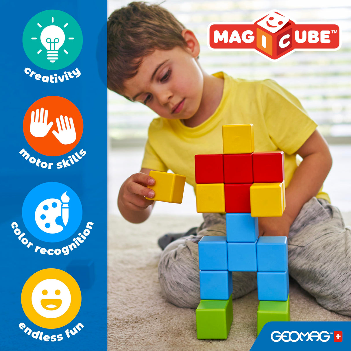 Geomag Magicube Full Color, Bloques de Construcción Magnéticos para Niños a Partir de 1 Año – Juego de 64 Bloques de 4 Colores Hechos de Plástico 100% Reciclado