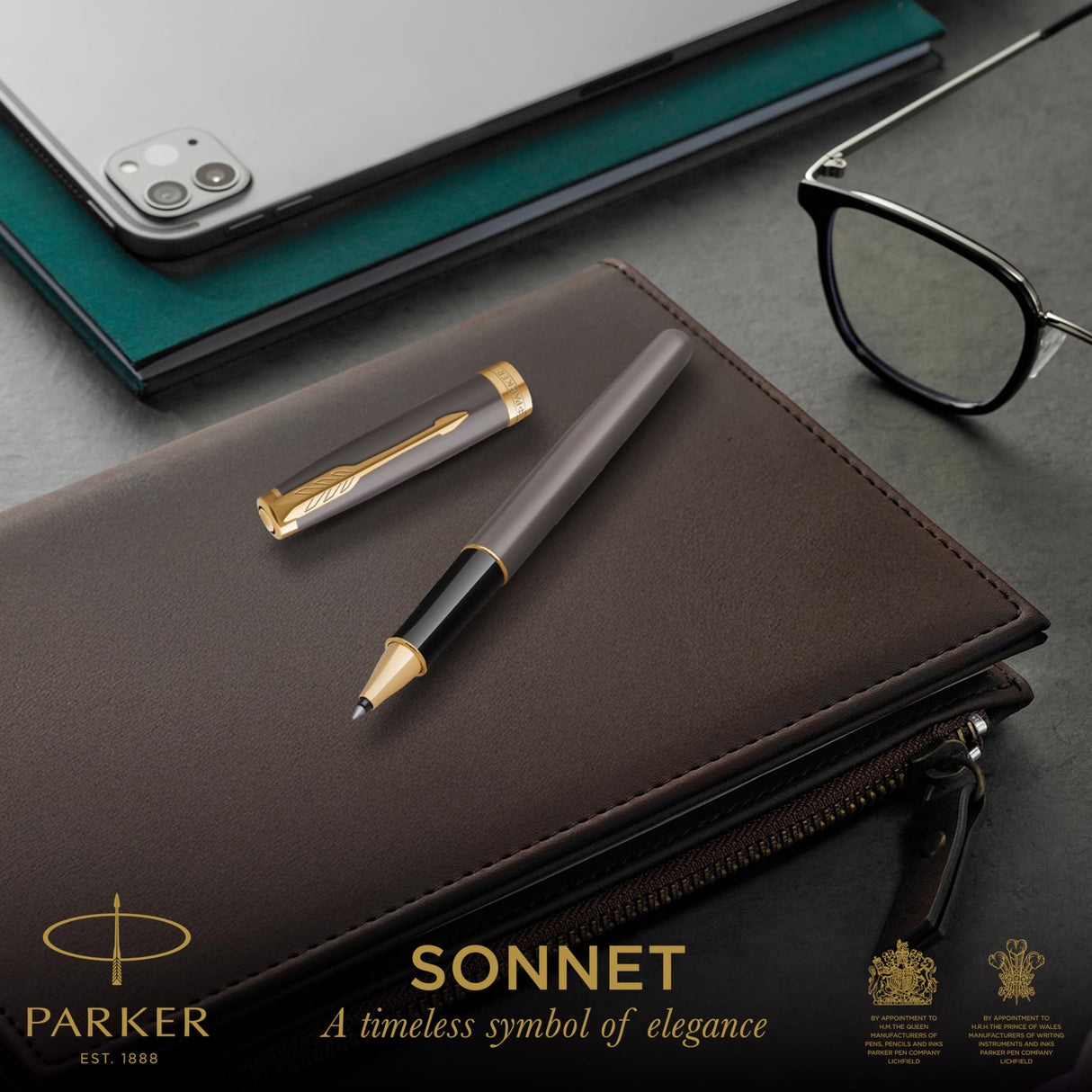 PARKER Bolígrafo roller Sonnet | lacado gris con adornos dorados | punta fina de acero inoxidable | estuche de regalo