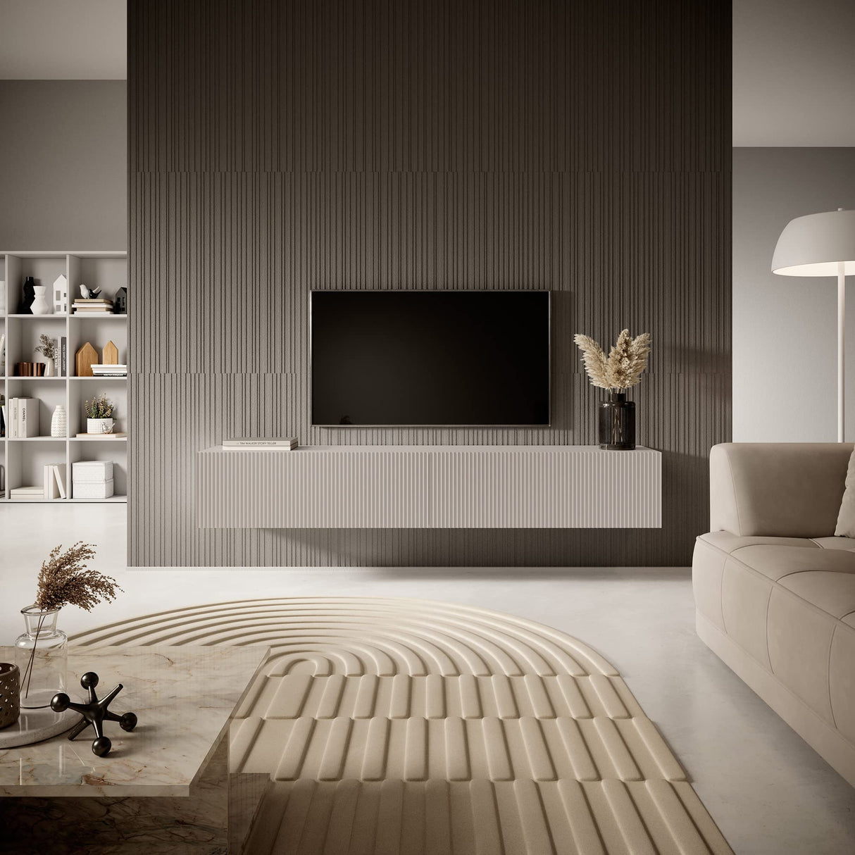 Selsey Mueble De TV Mesa De TV 175 cm Suspendido con Fachada Fresada Gris Beige Veldio