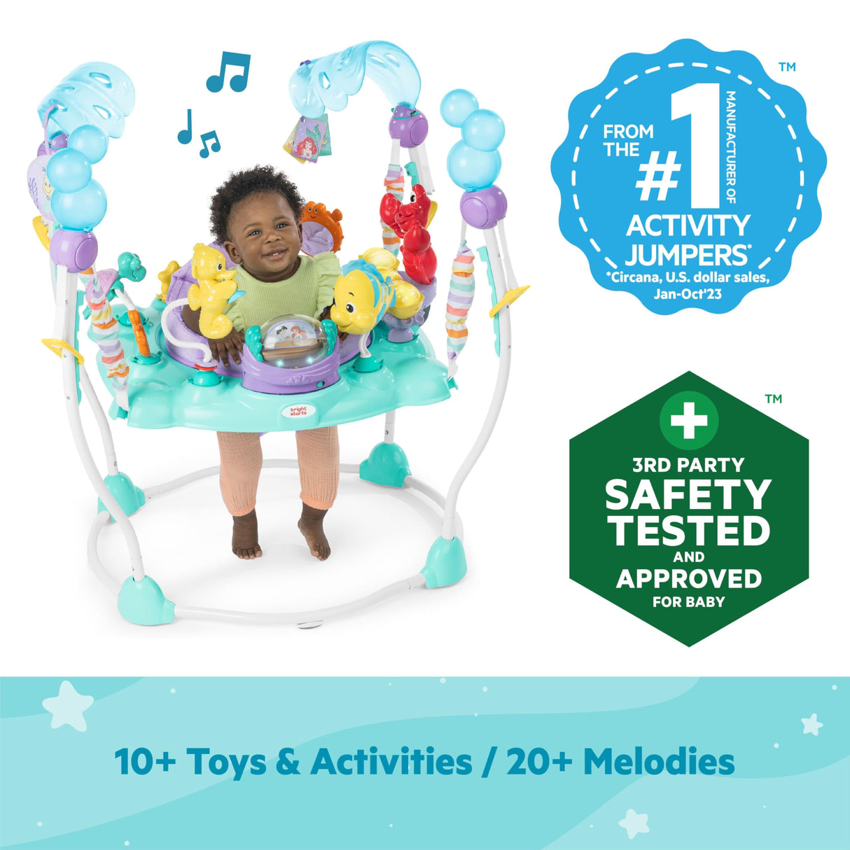 Bright Starts, Sea of Activities: Saltador de Actividades para Bebés de La Sirenita de Disney, con Juguetes Interactivos, Luces y Música, Incluye Princesa Ariel, 6-12 Meses (Azul)