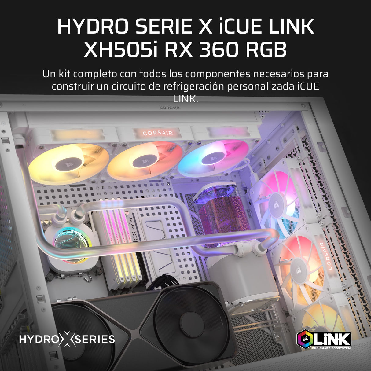 Corsair iCUE Link XH505i RX360 RGB Kit de Refrigeración Personalizada – Bloque de Refrigeración Liquida XC7 Elite, Bomba y Depósito XD6 Elite, 3 RX120 RGB, Radiador XR5 de 360 mm, System Hub - Blanco