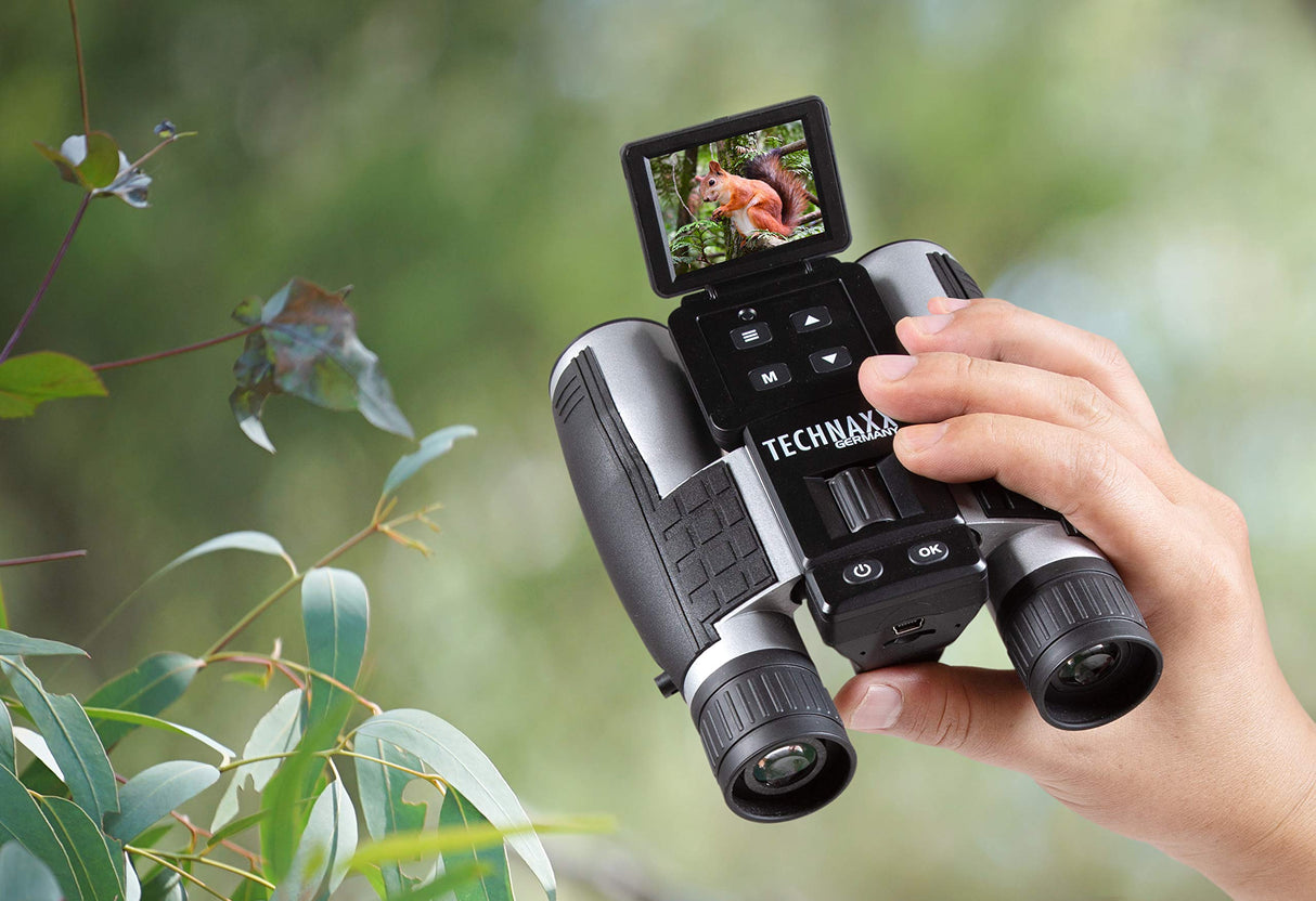 Binoculares Technaxx con Pantalla para Adultos, utilizados para observar Aves, Animales, Viajar, Cazar, Eventos Deportivos - Grabación de Video y Fotos FullHD, Zoom 4X, MicroSD - Binoculares TX-142