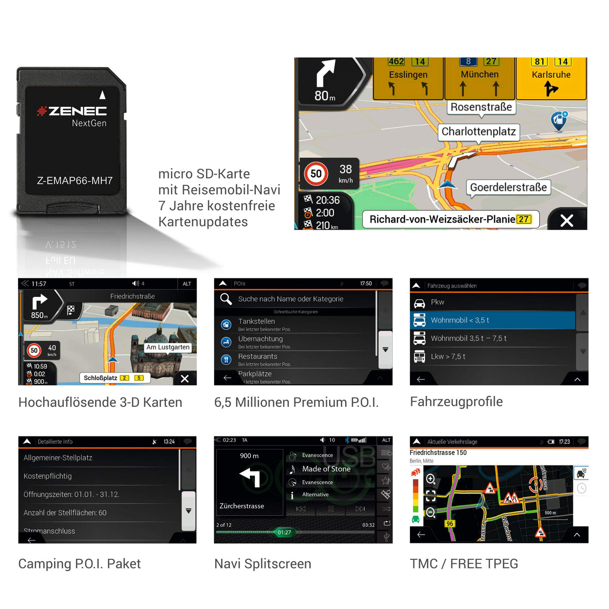 ZENEC Z-EMAP66-MH7: Micro Tarjeta SD con Autocaravana GPS para ZENEC Radios de Coche/Multimediasysteme Z-E3766,Z-N965,Z-N966,3-D Tarjetas para Europa, Campamento P. O. I. para Autocaravana, TMC