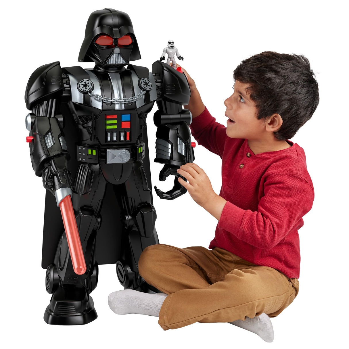Fisher-Price Imaginext Star Wars Robot de Darth Vader de 60 cm con luces y sonidos, con sable láser, lanzador y figura de soldado imperial, juguete +3 años (HXG51)