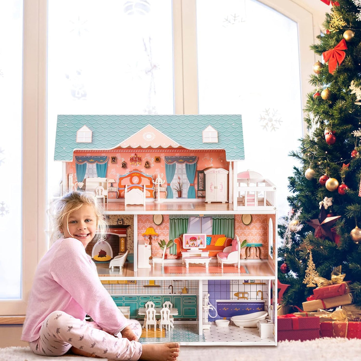 ROBUD Casa de muñecas de Madera para niños y niñas, Regalo de Juguete para 3, 4, 5, 6 años, con Muebles