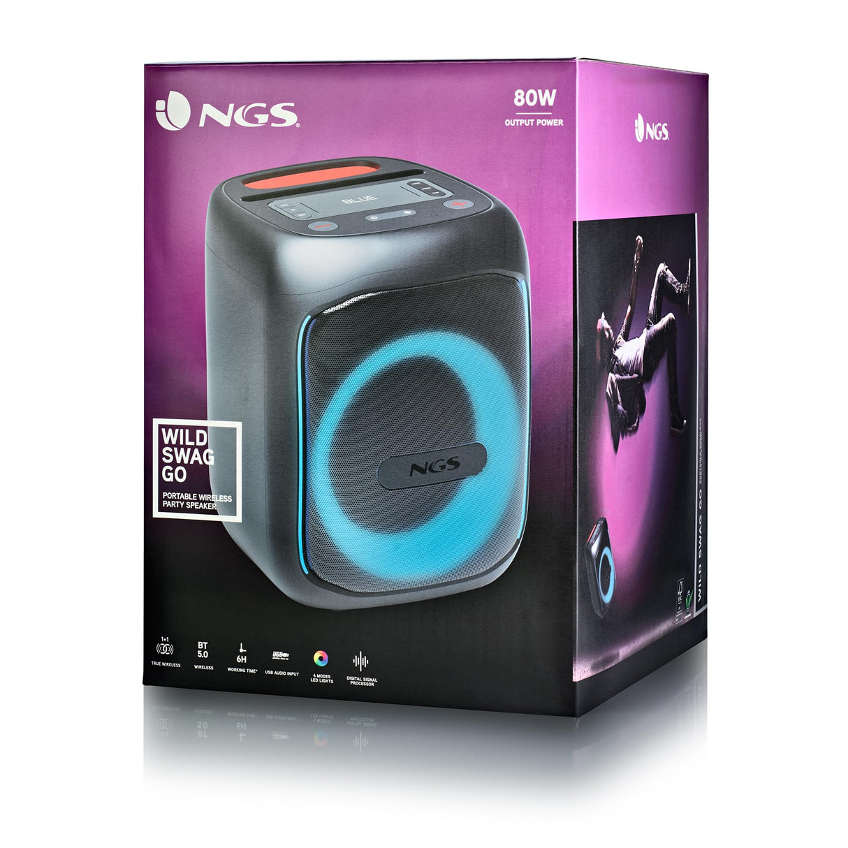 NGS Wild Swag Go - Altavoz Portátil, Compatible con la Tecnología Bluetooth 5.0, True Wireless Stereo, Luces y Pantalla LED, Entrada USB, Audio TF y Auxiliar, 24 x 23 x 30 cm, 80 W, Color Negro