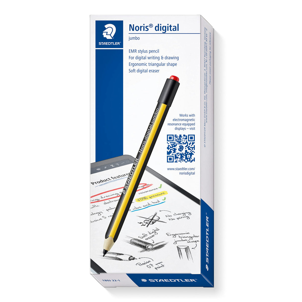 STAEDTLER Noris digital jumbo 180J 22. Stylus y goma de borrar integrada muy suave. Para escribir, dibujar y borrar sobre dispositivos digitales equipados con tecnología EMR