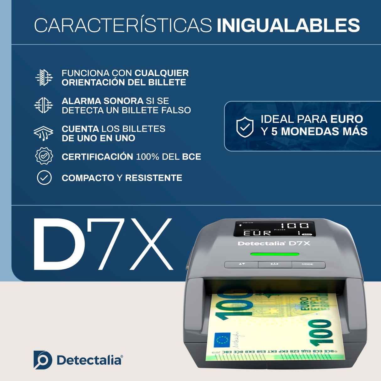 Detectalia D7X - Detector de billetes falsos con 7 sistemas de derección y 100% fiabilidad para 6 divisas EUR, GBP, CHF, PLN, CZK y SEK - 14 x 12 x 6 cm