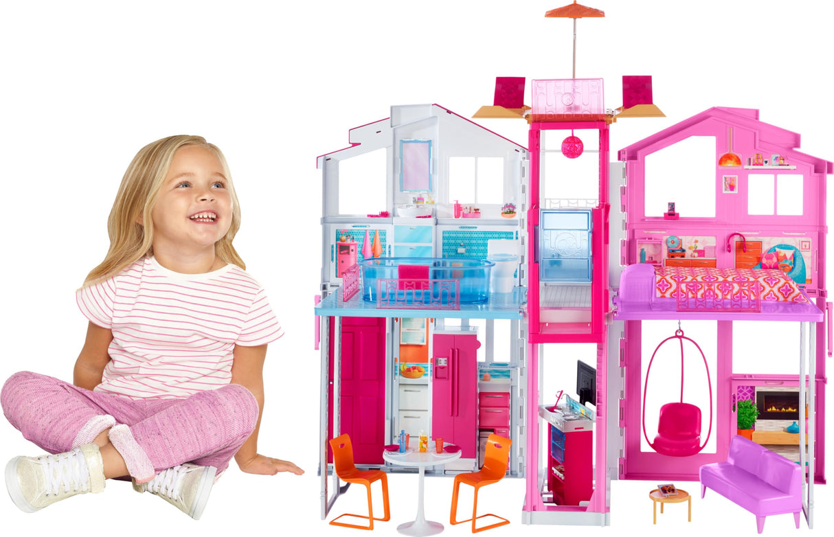 Barbie Supercasa, casa de muñecas con Accesorios , con Cuatro Habitaciones, terraza en la azotea, Detalles realistas, Piscina y Muebles, DLY32