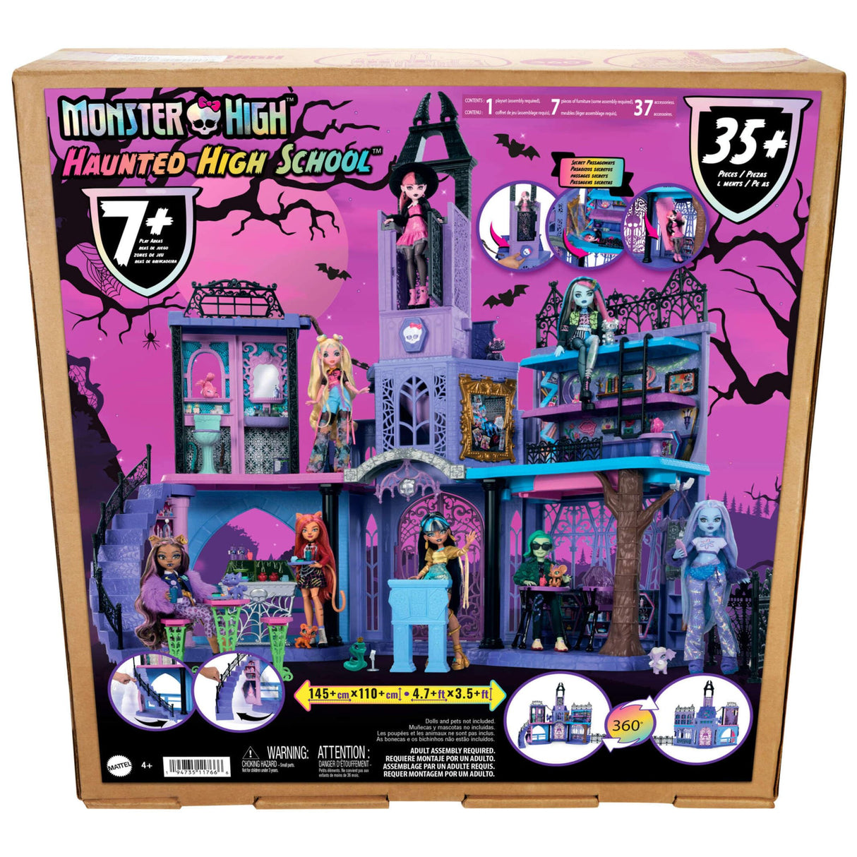 Monster High Casa de muñecas Haunted High School con 7 áreas de juego y muebles, +35 accesorios, 2 plantas y capacidad para 3 muñecas, juguete +4 años (HLP88), Violeta