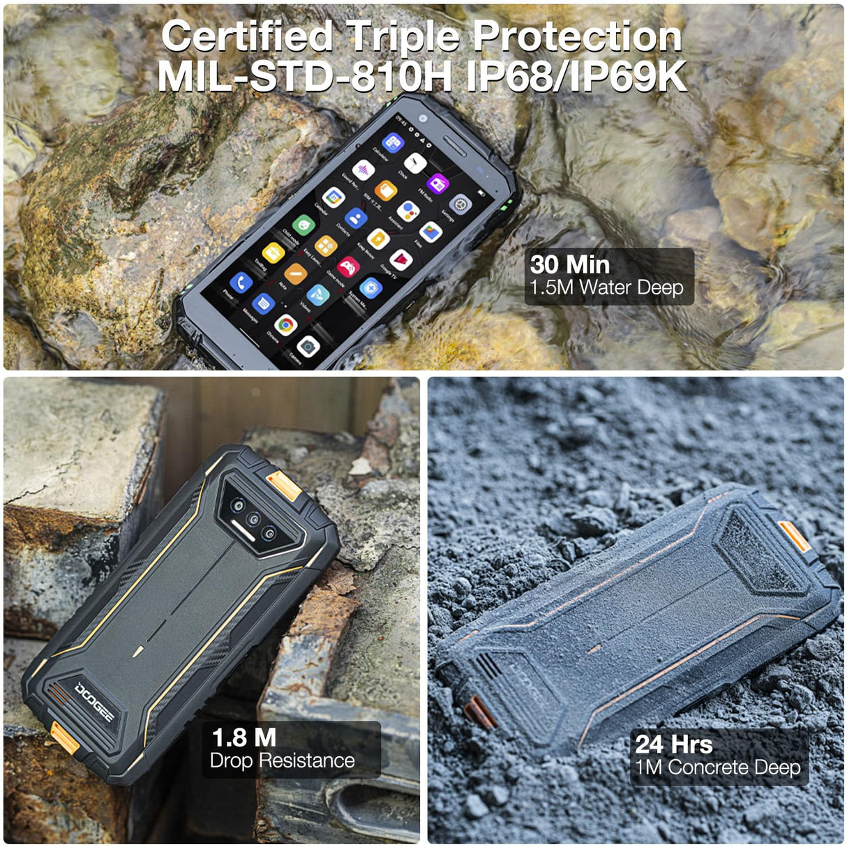 DOOGEE Movil Resistente Agua y Golpes S41T, Android 13, 8GB +64GB, 6300mAh Batería, Telefono Movil Libre 4G, Triple Cámara de 13MP, 5.5 Pulgadas Moviles Antigolpes, NFC/Face ID/GPS, Naranja
