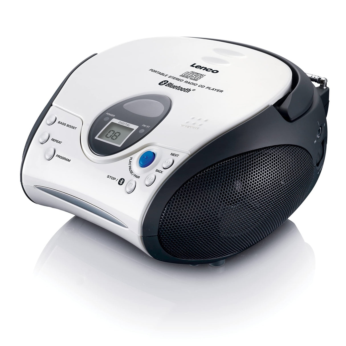 Lenco SCD-24 Blanco/Negro, Radio FM portátil con Reproductor de CD, Conector para Auriculares, Cable, Pilas, Ideal para Llevar, fácil de Usar