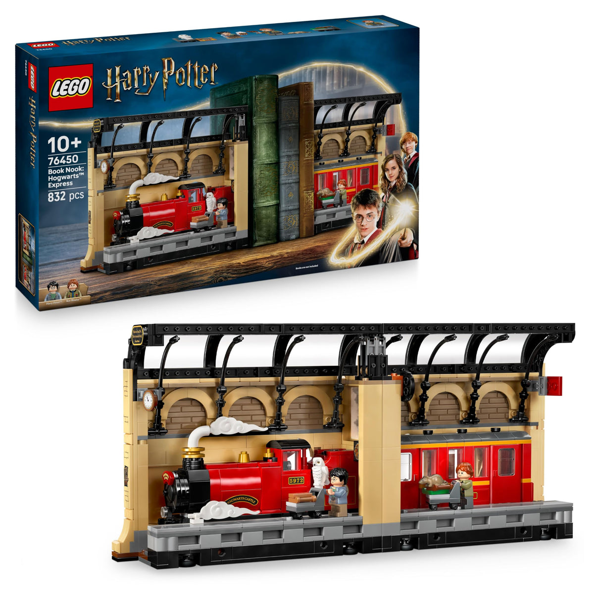 LEGO Harry Potter Rincón Entre Libros: Expreso de Hogwarts - Sujetalibros con un Tren de Juguete -2 Minifiguras (Harry y Ron Weasley) y Figura de Hedwig - Regalo para Niñas y Niños de 10+ Años 76450