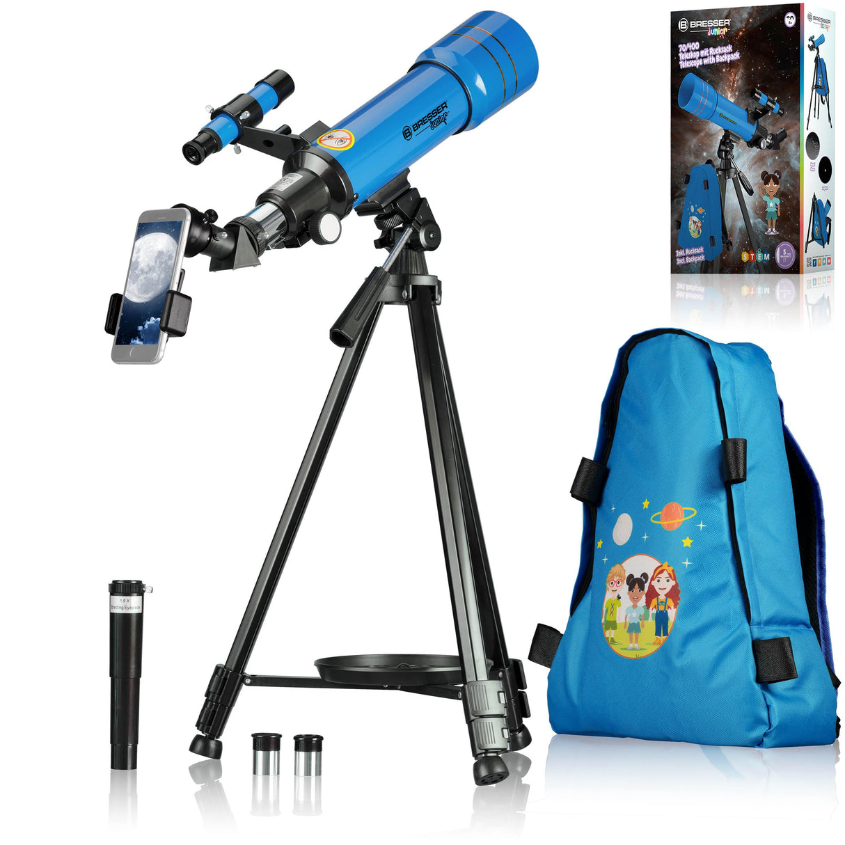 Bresser Junior 70/400 - Telescopio para niños a Partir de 8 años, astronomía Principiantes, telescopio con Mochila, Accesorios y Soporte para Smartphone, Cielo Nocturno Azul