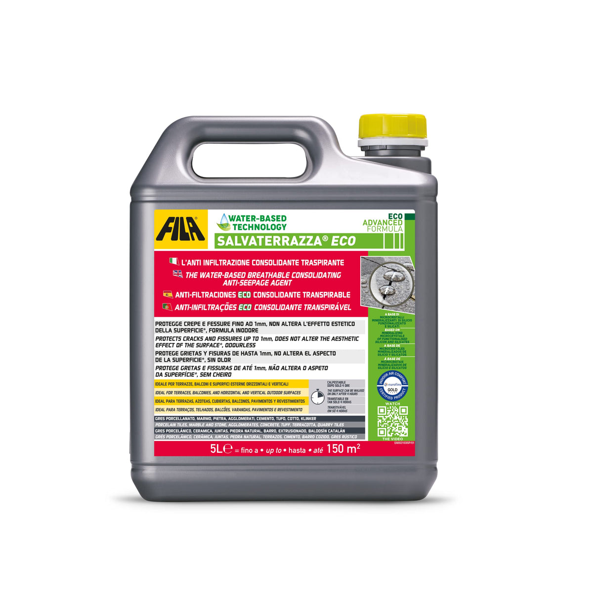 FILA Surface Care Solutions, SALVATERRAZZA® ECO, Protector impermeabilizante transparente con base agua para pavimentos, efecto consolidante antifiltraciones en grietas de hasta 1 mm. Env.5L