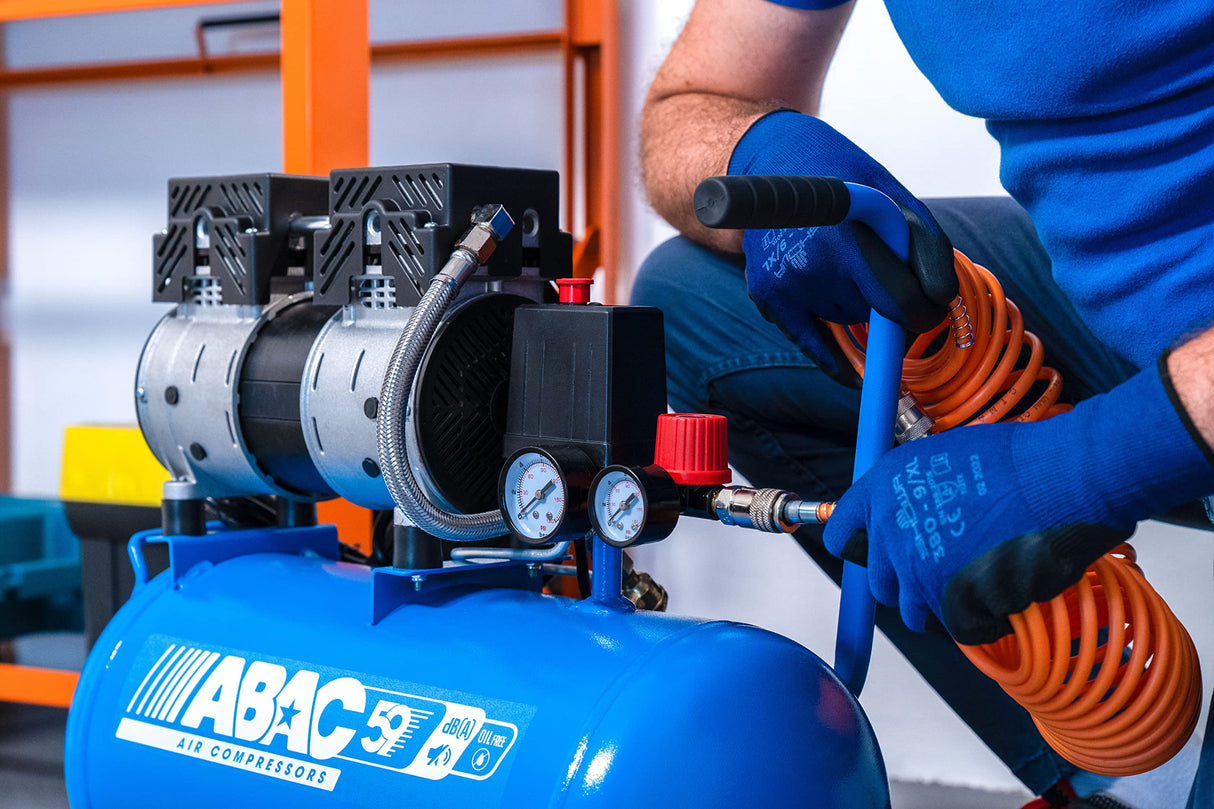 Compresor de aire silencioso EASE-AIR 24 de ABAC, compresor de aire sin aceite, presión máxima 8 bar, potencia 1 hp, Depósito 24 litros, Nivel sonoro 59 dB