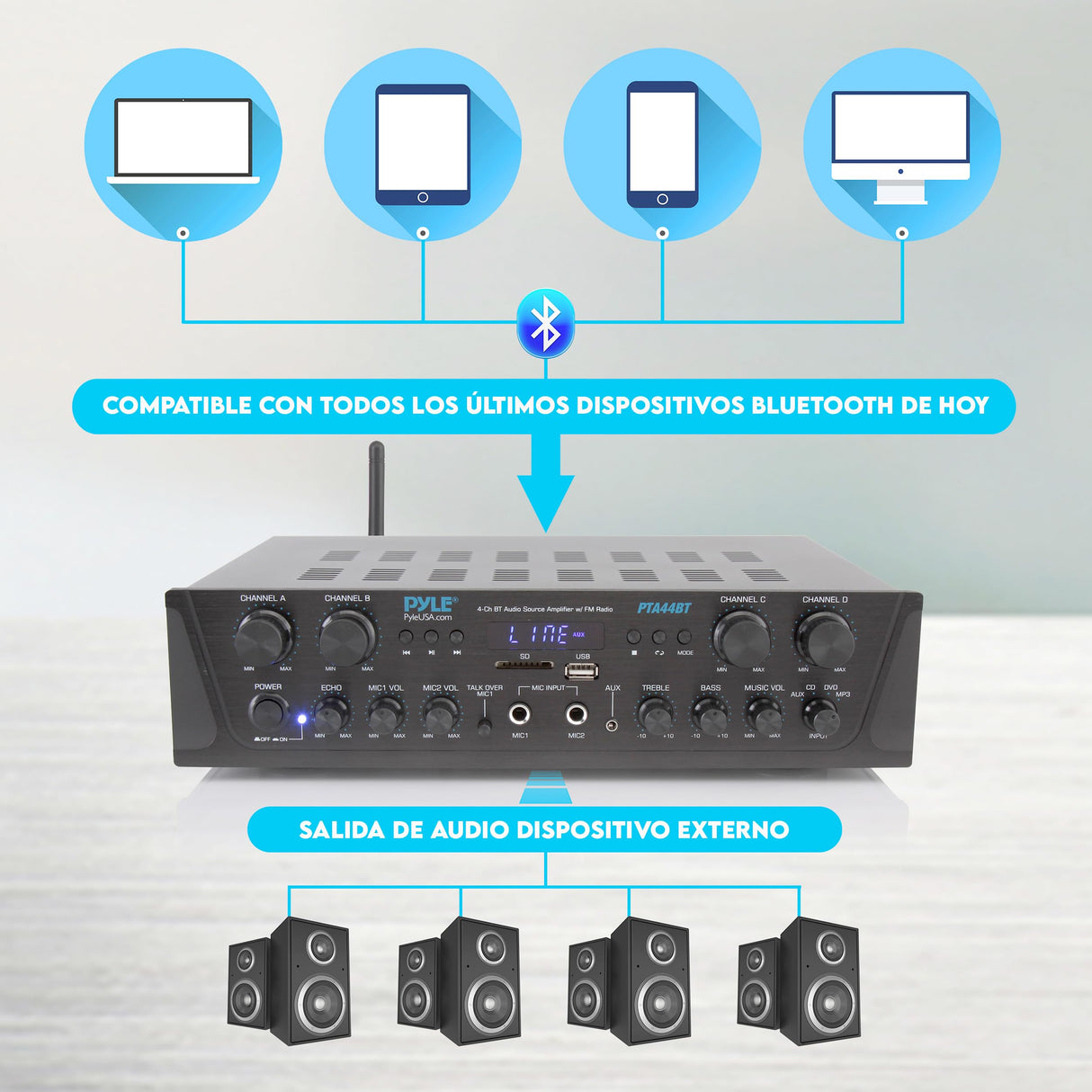 Pyle Amplificador de Audio, Inalambrico, Bluetooth, Estereo, 4 Canales, Entrada de microfono, AUX, Salida del Altavoz del subwoofer RCA, USB, Potencia Maxima de 500W a 4-8 ohmios