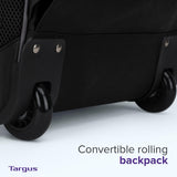 Targus Mochila compacta con ruedas para negocios, estudiantes universitarios y viajes, material duradero, bolsillo para tableta, funda protectora extraíble para laptop de 16 pulgadas, color negro