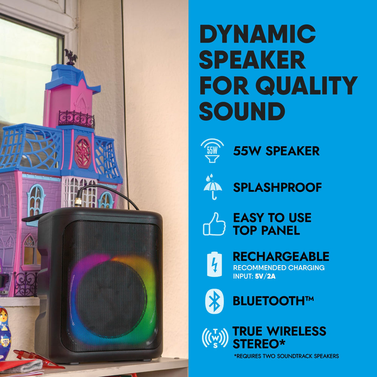 Carry-on Soundtrack Altavoz Bluetooth portátil para Interiores y Exteriores con Luces integradas IPX4 a Prueba de Salpicaduras, 2 entradas de micrófono, Bluetooth, 3 Horas de reproducción
