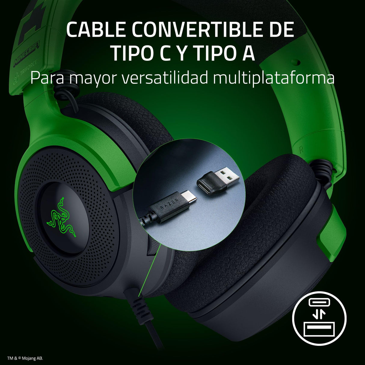 Razer Kraken V4 X Minecraft Edition - Auriculares USB con Cable para Juegos de PC (Controladores 40mm, micrófono cardioide retráctil, Sonido Envolvente, Chroma RGB, para PC y Consola) Minecraft