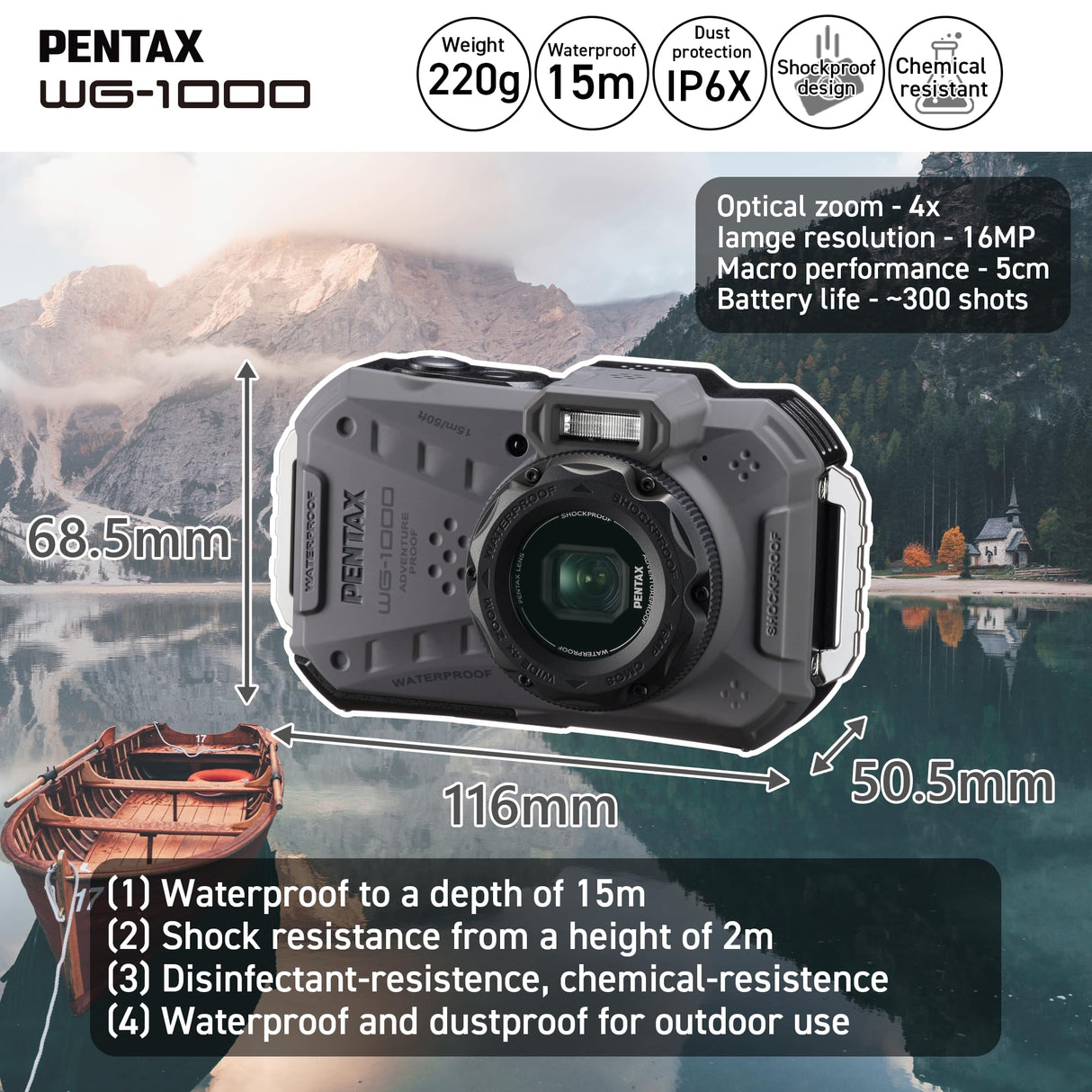 Cámara Digital compacta Resistente al Agua PENTAX WG-1000 (Gris), diseñada para fotografía Informal en Exteriores y bajo el Agua, Resistente al Agua hasta una Profundidad de 15 Metros (una Hora)