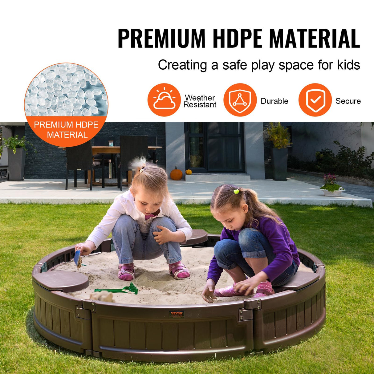 VEVOR Caja de Arena con Tapa Areno de HDPE Redondo de 120 x 23 cm con 3 Asientos en Las Esquinas y Revestimiento Inferior para Niños de 3 a 12 Años para Patio al Aire Libre, Playa, Parque, Marrón