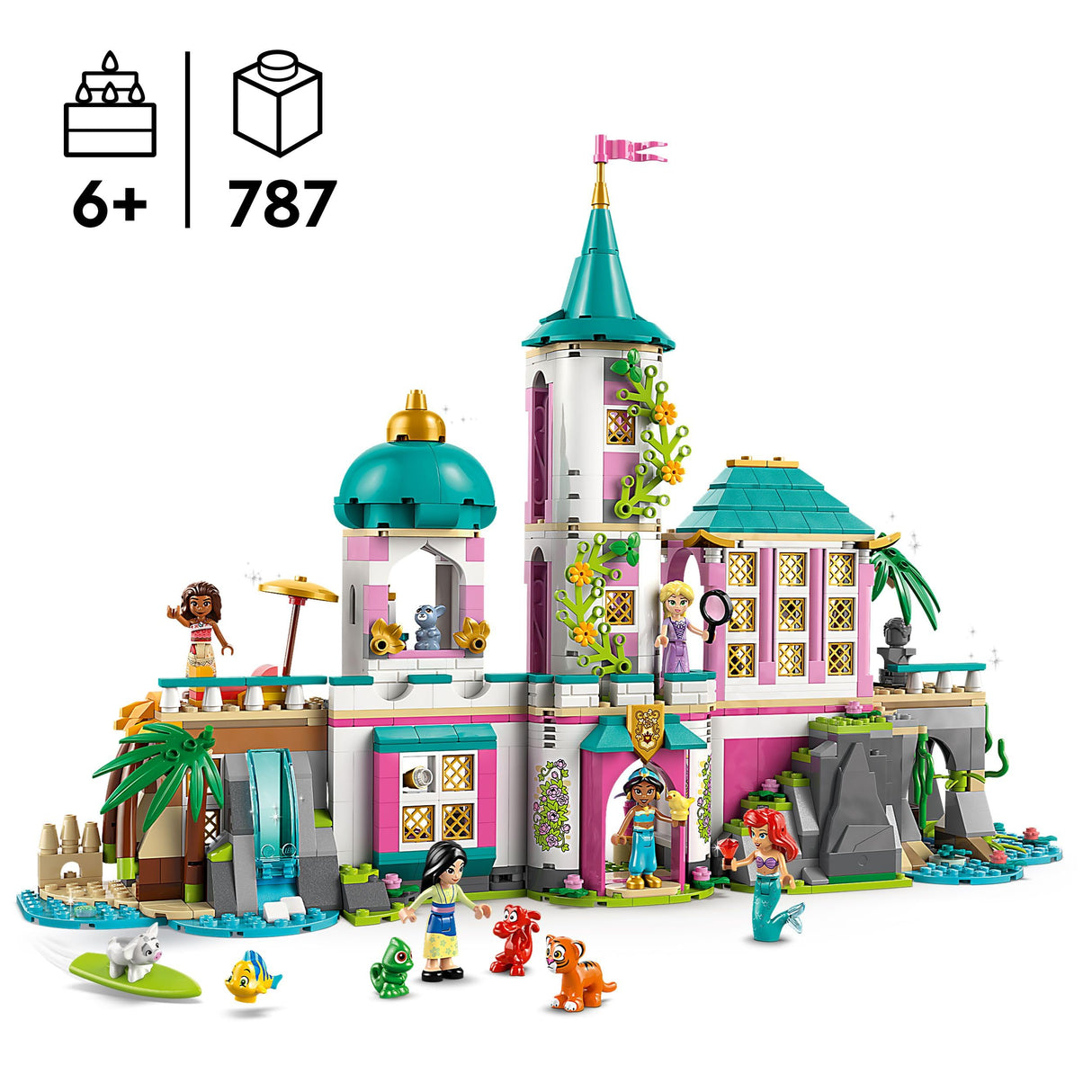 LEGO | Disney Castillo de Las Princesas y Mascotas Reales - Juguete Modular Detallado - Mini Muñecas de Rapulzel, Ariel, Vaiana, Jasmine y Mulán y Animales - Regalo para Niñas de 6+ Años 43267