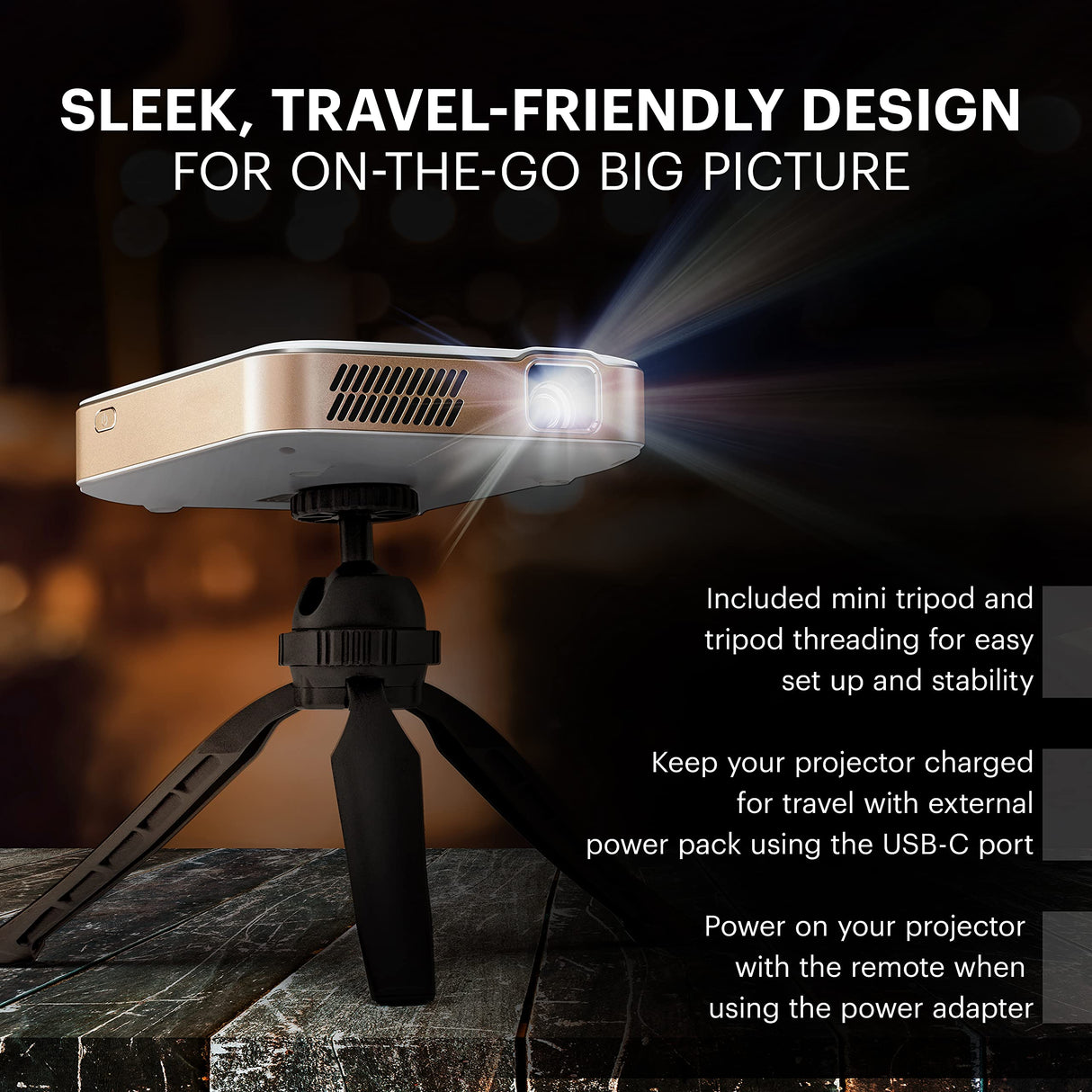 KODAK - Proyector Inteligente HD portátil Luma 400 - Compatible con Wi-Fi, Bluetooth, HDMI y USB - Resolución Original de hasta 150" 720p (4K), 200 lúmenes ansi - Trípode Incluido