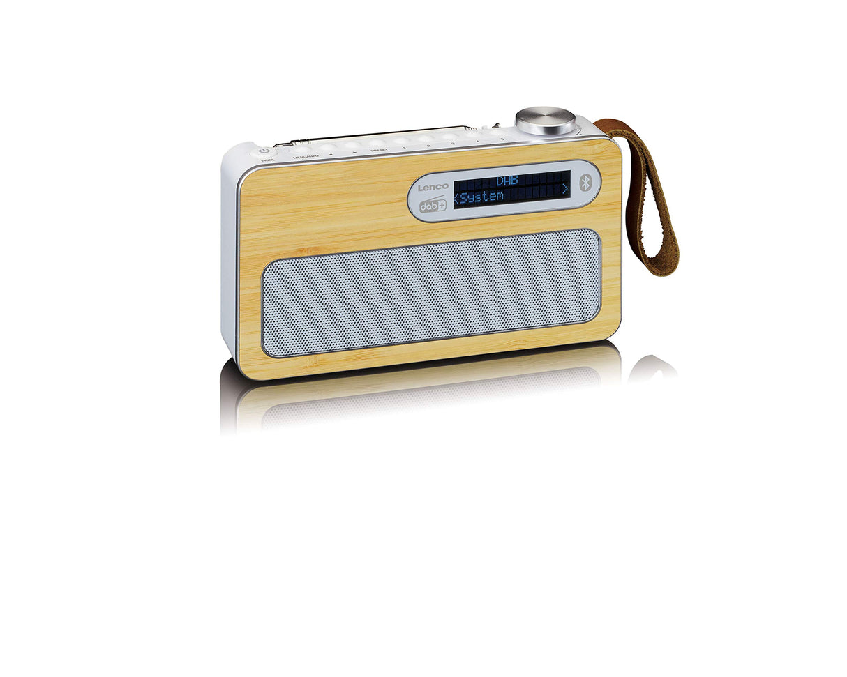Lenco PDR-040 – Radio portátil DBA+ – Radio FM – con Bluetooth – Batería integrada con 2000 mAh – 3 W RMS – Reloj y Despertador – De bambú auténtico – Blanco