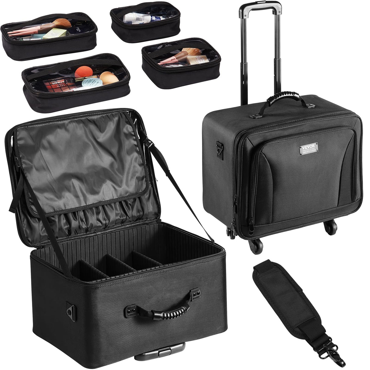 VEVOR Estuche de Maquillaje con Ruedas 3 Niveles, Maleta de Almacenamiento de Transporte con Asas Correa, Caja Bolsa de Maquillaje Oxford Impermeable Negro
