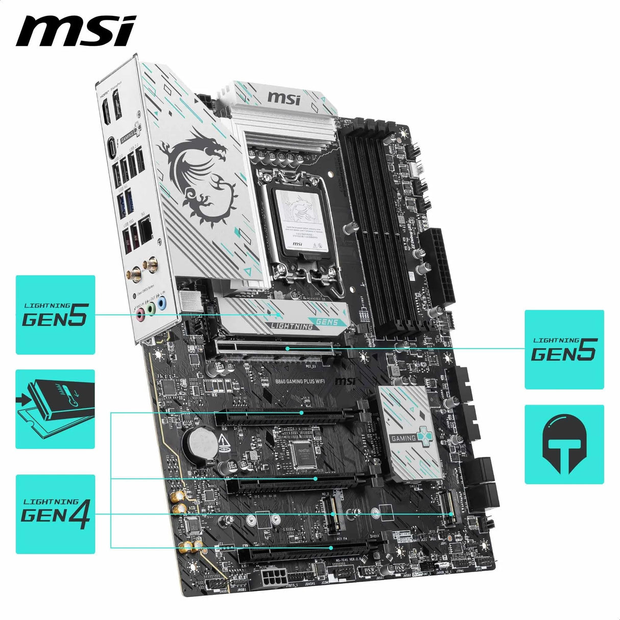 MSI B860 GAMING PLUS WIFI Placa base, ATX - Compatible con procesador Intel Core Ultra (Serie 2), LGA 1851 - DDR5 Memory Boost 8800+ MT/s (OC), PCIe 5.0 x16 x16, M.2 Gen5, Intel Killer 5G LAN, Wi-Fi7