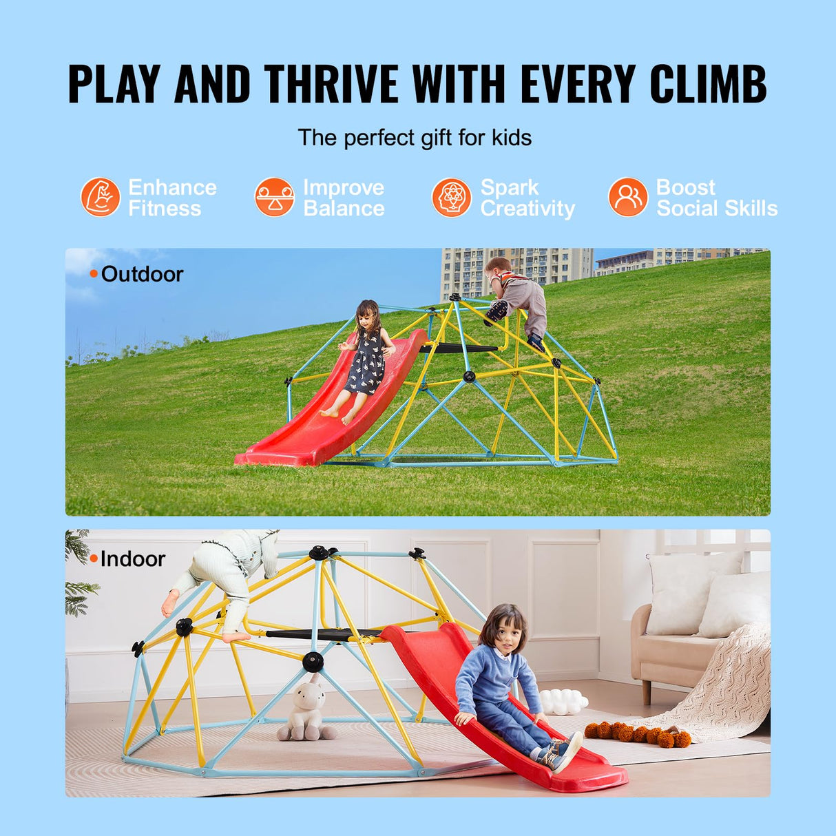 VEVOR- Escalador de cúpula, Color Blue+Yellow, 72 x 96 x 36 in / 183 x 244 x 91.5 cm (8FT Climbing Dome)