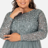 Maya Deluxe Vestido Maxi de Manga Larga Adornado Maya para Dama de Honor Formal, Verde Neblina, 48 para Mujer