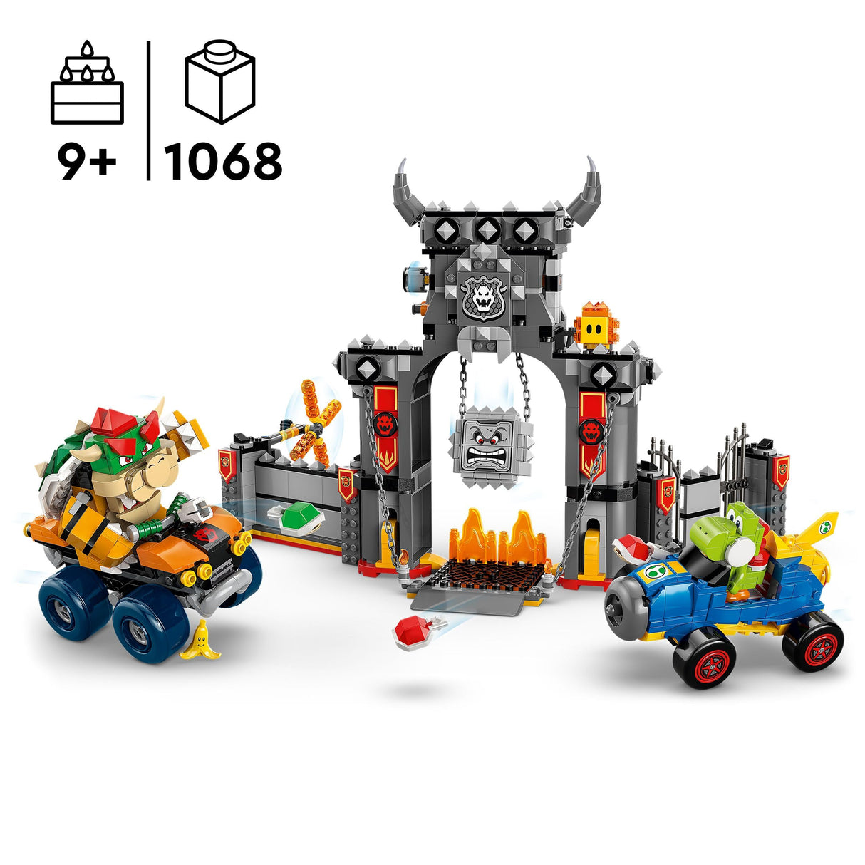 LEGO Super Mario: Mario Kart – Castillo de Bowser - Juego Interactivo con 2 Coches de Juguete y 4 Figuras Inc. Yoshi - Regalo de Nintendo para Niños y Niñas de 9+ Años 72039