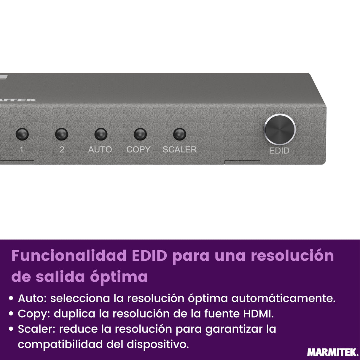 Splitter HDMI 4K120 Gaming - Marmitek Split 712-1 Entrada / 2 Salidas - 8K60 - Distribuidor - 48Gbps - HDR 120 Hz - HDMI 2.1 - VRR-ALMM-QMS-QFT - Conmutador EDID - Carcasa metálica